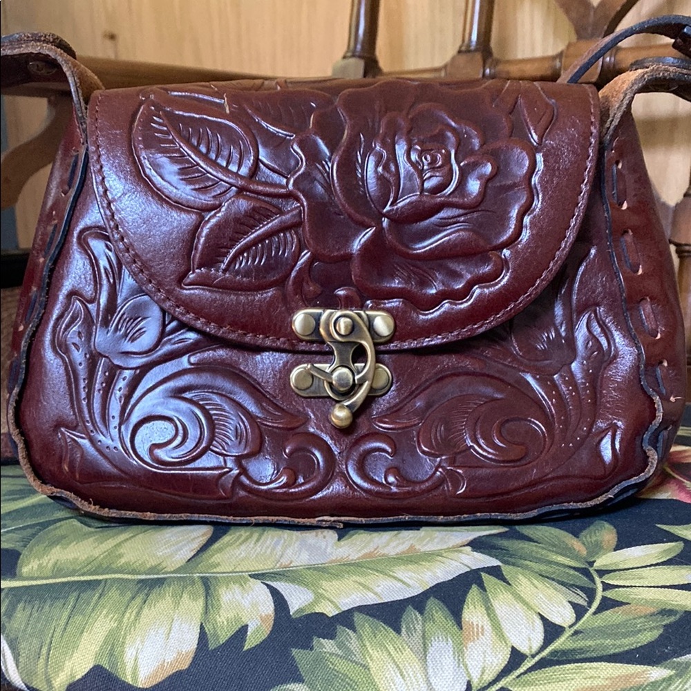 Patricia Nash Brown Crossbody Bag with Intricate Floral Design